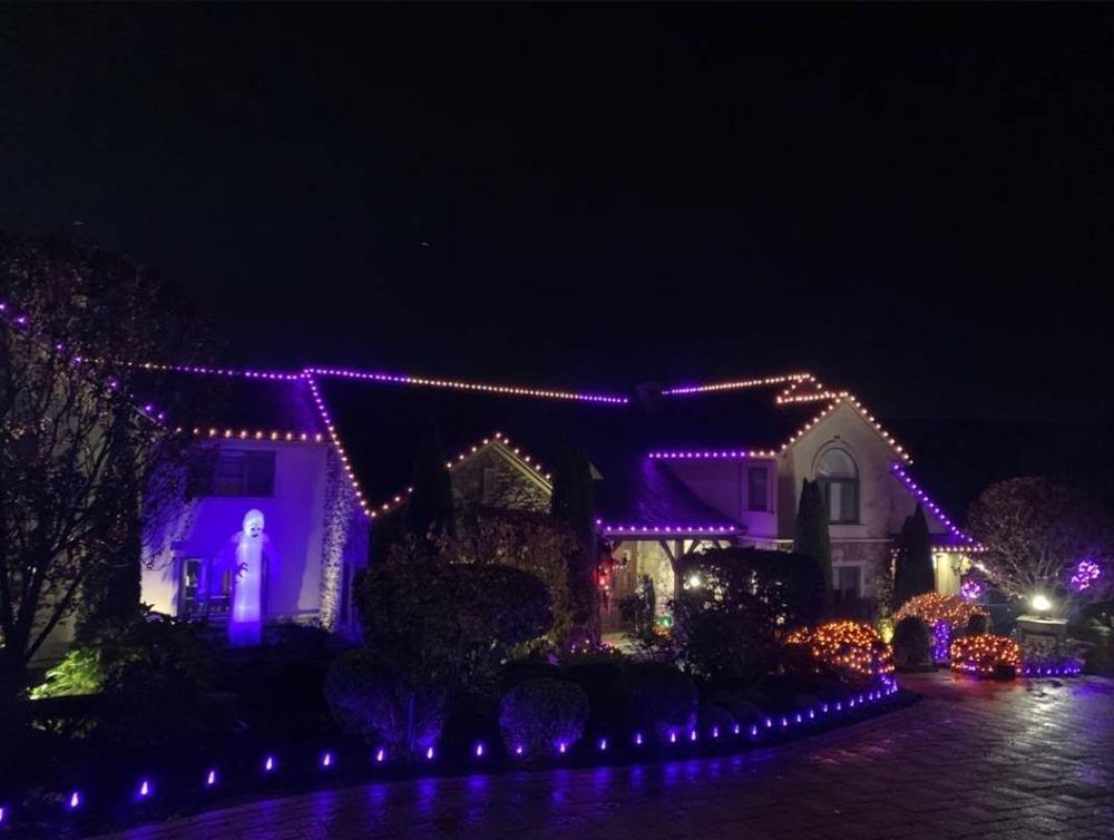 Landscape path lighting illuminating a front walkway and yard at night